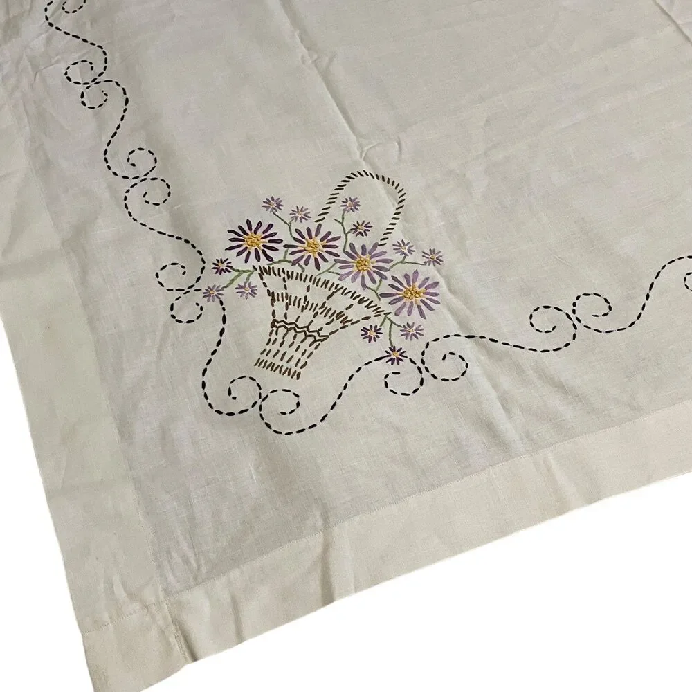 Vtg Hand Embroidered Tablecloth Flower Basket Floral Cottage Farm 49x49.5”